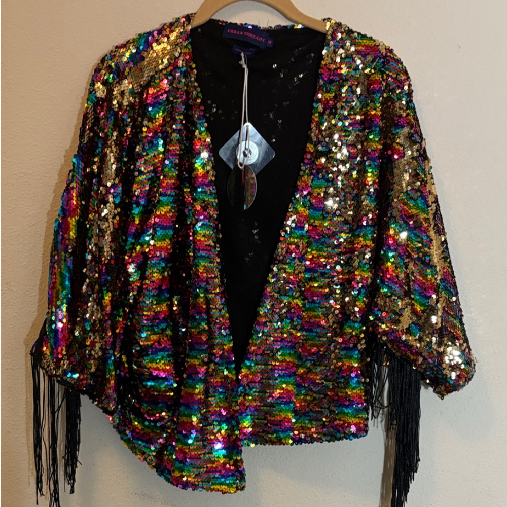 Urban Thread bohemian jacket no closure multicolored sequin and fringe NWT. M